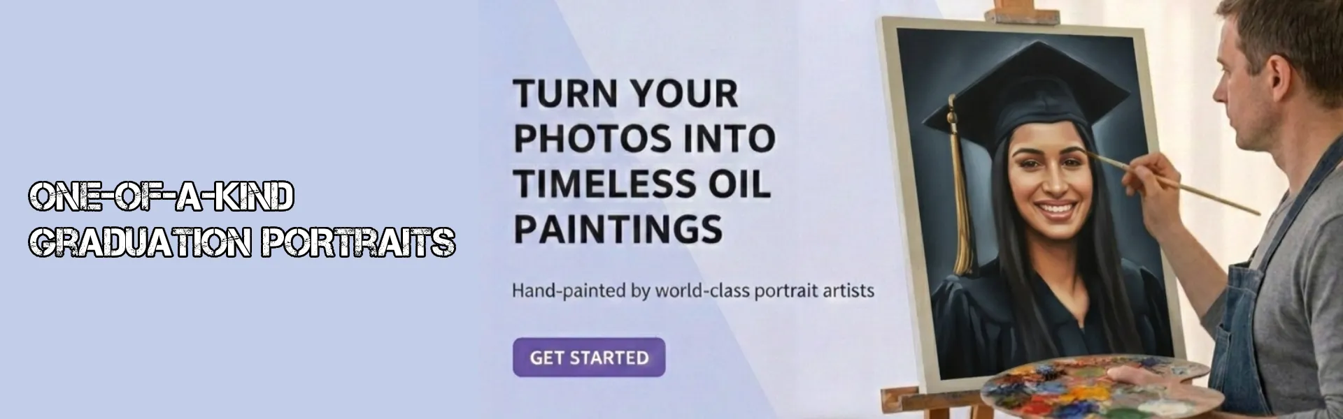 Custom graduation portrait service with an artist hand‑painting a graduate in cap and gown from a photo, showcasing one‑of‑a‑kind hand‑painted oil artwork.